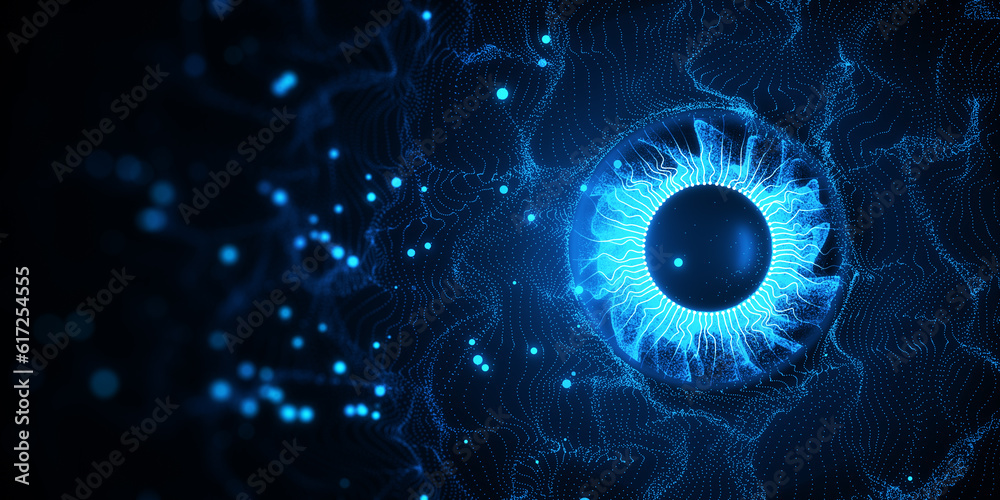 Abstract digital blue eye iris on blurry tech backdrop. Technology and vision concept. 3D Rendering.