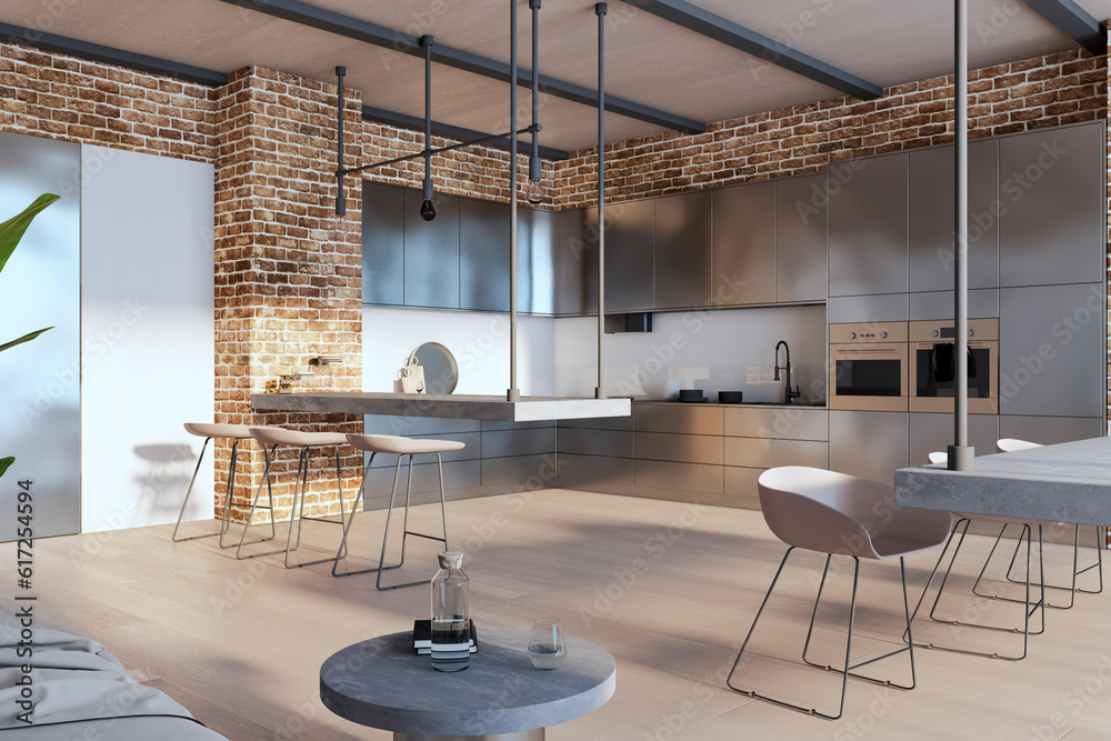 Modern loft brick kitchen interior. 3D Rendering.