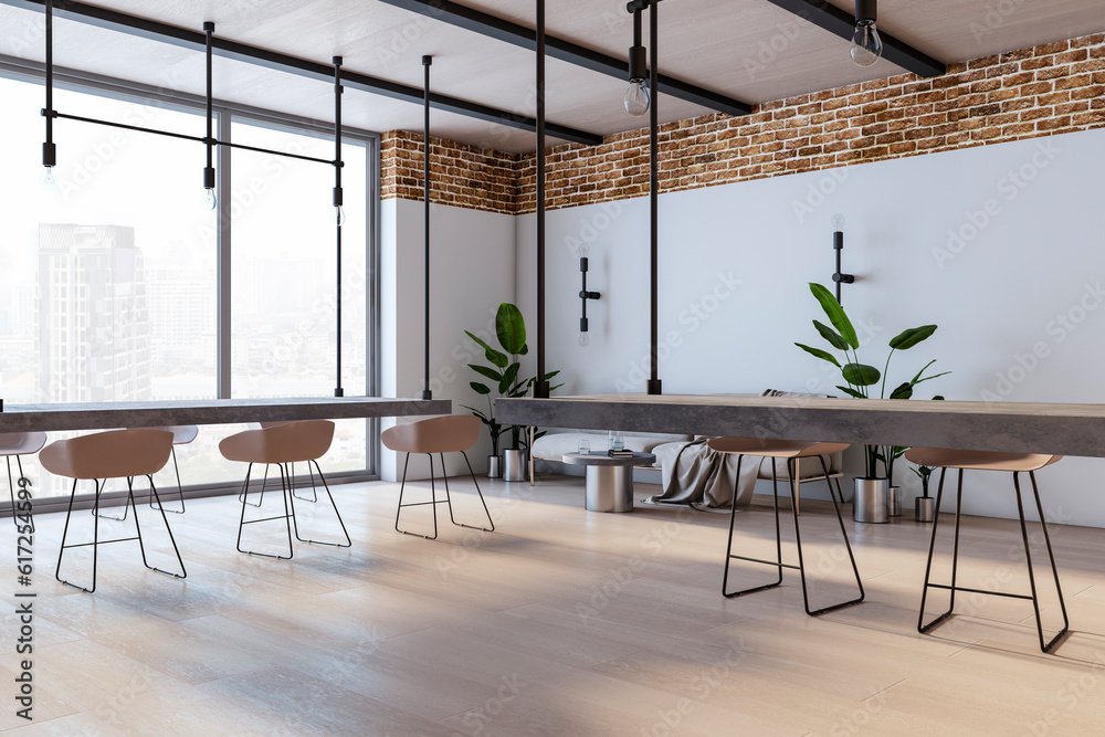 Contemporary loft brick kitchen interior. 3D Rendering.