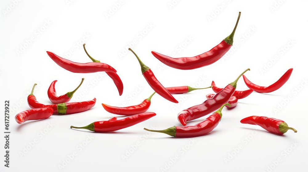 Fresh red chilies on a white background