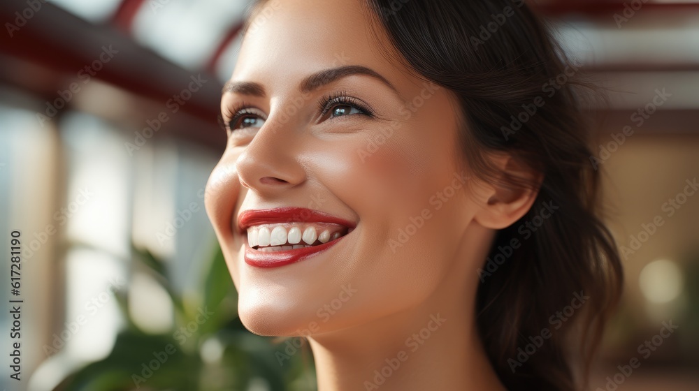 Smiling woman with healthy teeth, Beauty portrait of smiling laughing woman, clean fresh face.