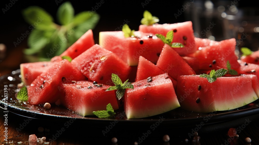 Pieces of fresh watermelon with board on black wooden table.