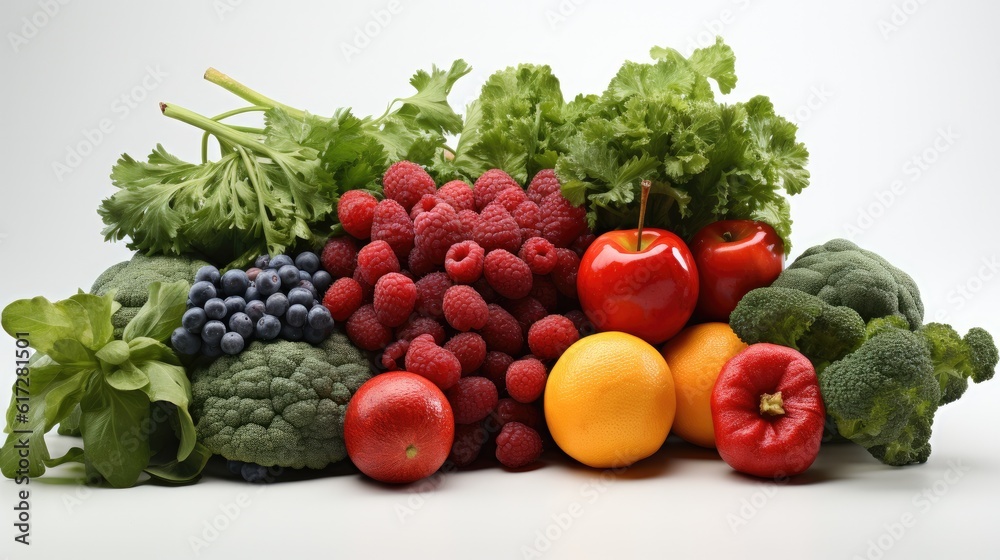 Fresh fruit and vegetables on a white background, Collection of various vegetables placed.