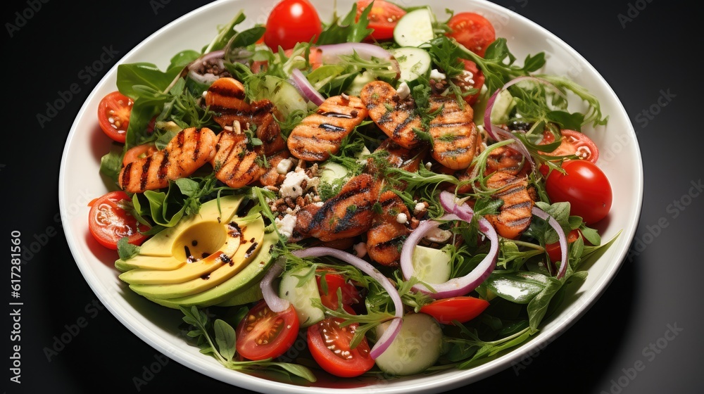 Fresh salad with avocado, shrimps, red tomatoes, arugula, onion and sesame seeds.