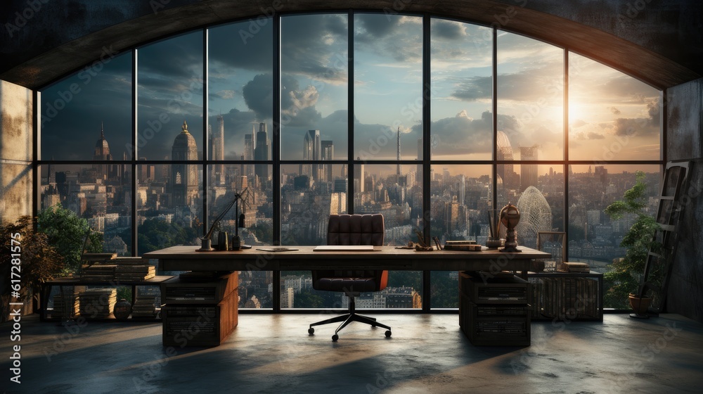 Modern office with panoramic city view.