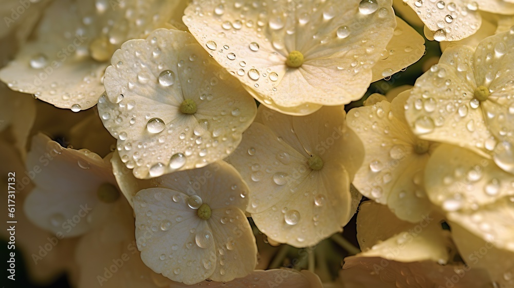 Creamy Hydrangeas flowers with water drops background. Closeup of blossom with glistening droplets. 