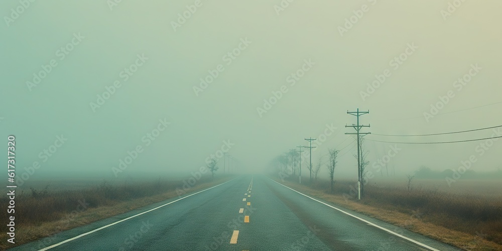 Misty empty road in lowlands. Foggy highway. Mystery travel concept. Generative AI