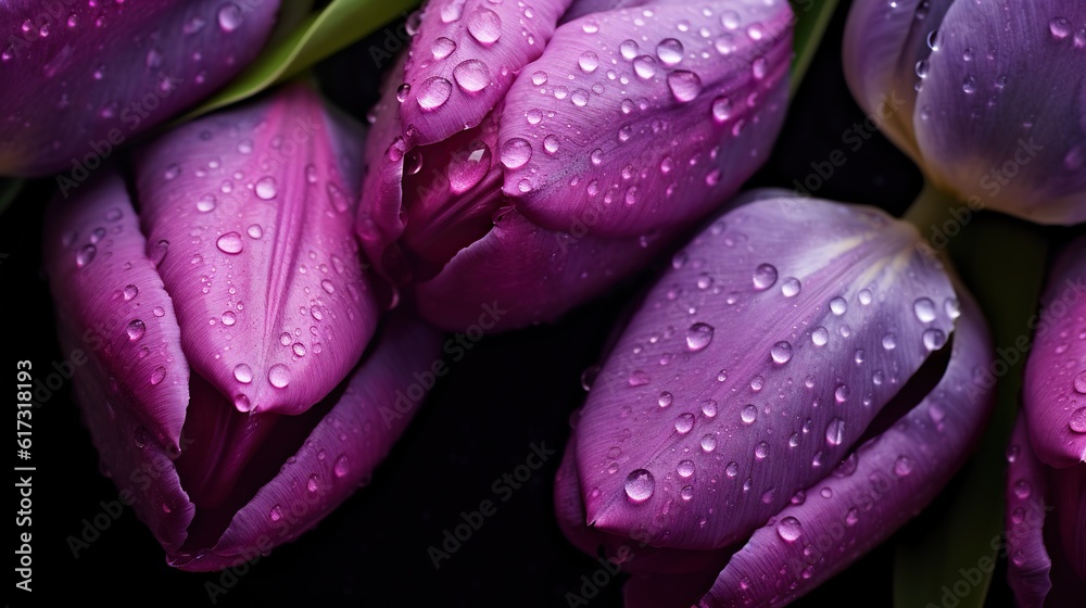 Purple Tulips flowers with water drops background. Closeup of blossom with glistening droplets. Gene