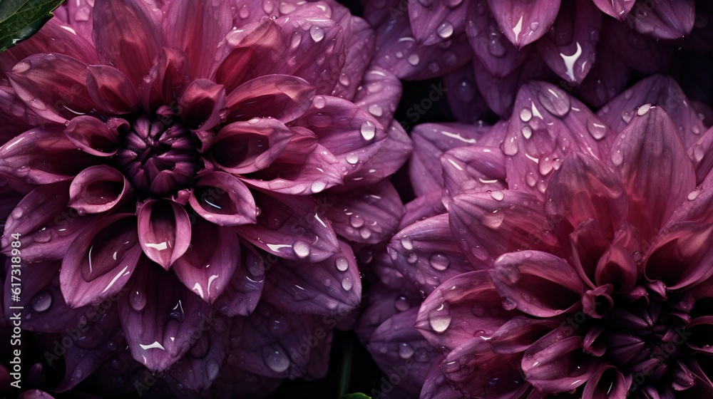 Purple Dahlia flowers with water drops background. Closeup of delicate blossom with glistening dropl