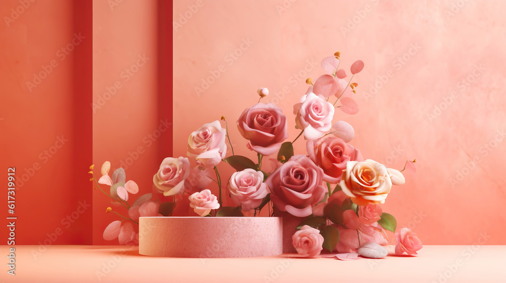 Podium with pink roses on pastel pink background to display products, gift or cosmetics. Generative 