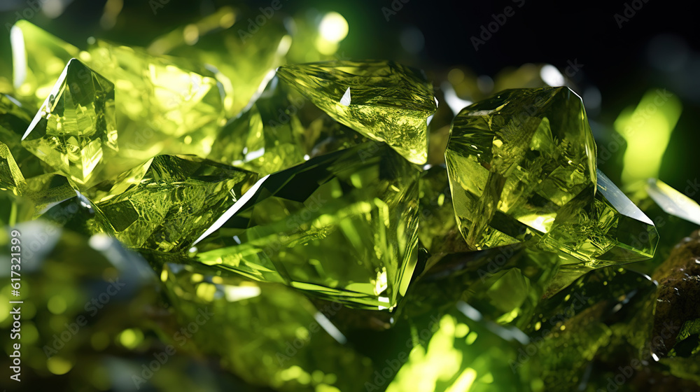 Amazing bright and shiny Olivine crystal cluster background. Jewel mineral detailed macro. Generativ