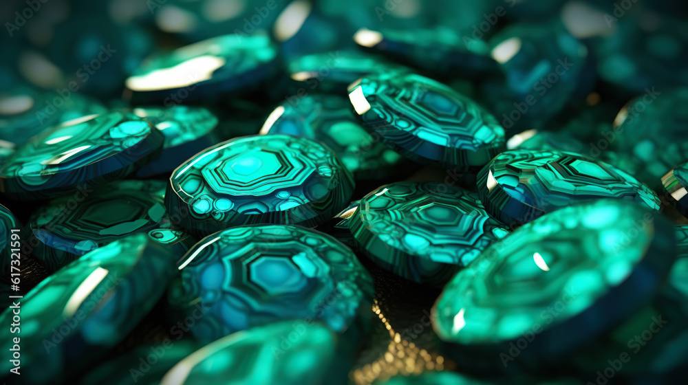 Amazing bright and shiny Malachite crystal cluster background. Jewel mineral detailed macro. Generat