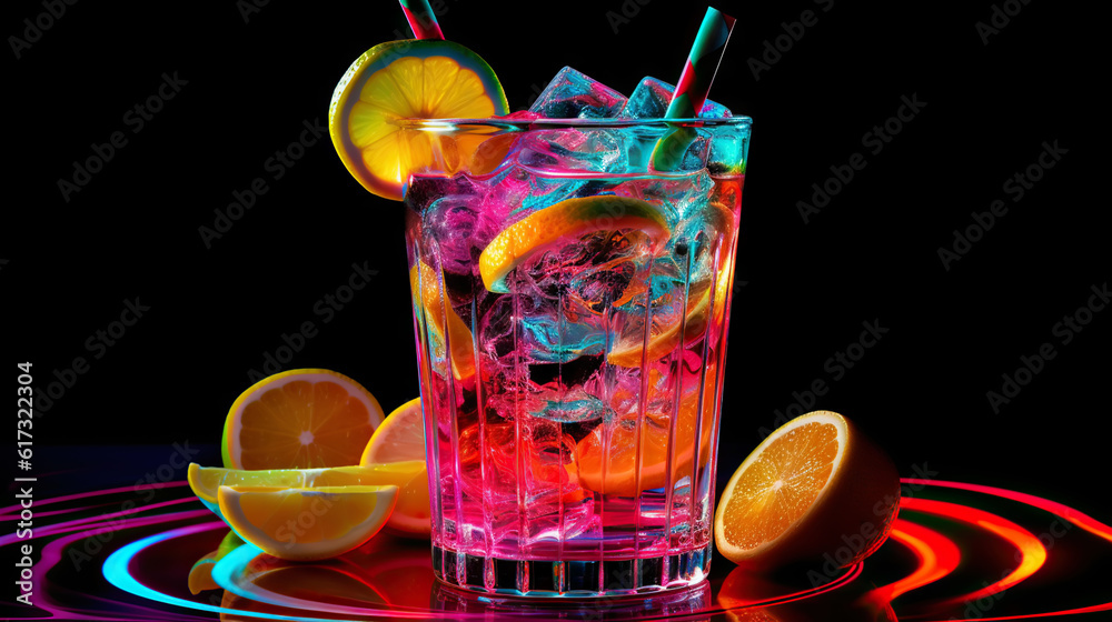 Glass of cocktail in hypnotic neon light. Colorful rave party drink. Generative AI