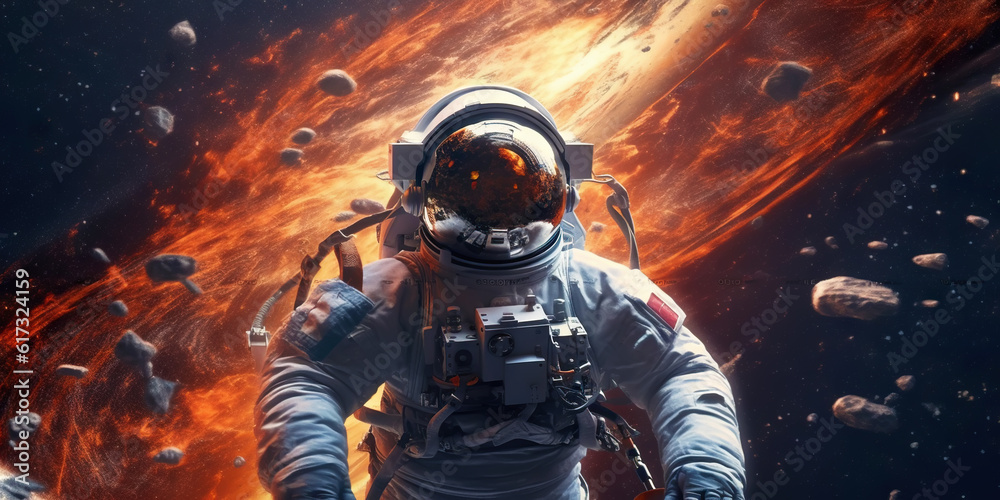 Portrait of astronaut floating in space with a asteroids, space rocks, burning sparks on backdrop. G