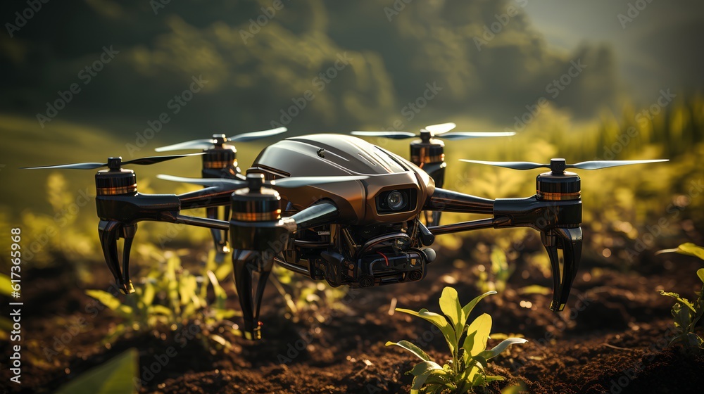 Agricultural drone in action, flying above a field. Precision farming by monitoring crop health, imp