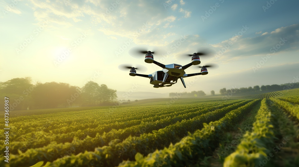 Agricultural drone in action, flying above a field. Precision farming by monitoring crop health, imp