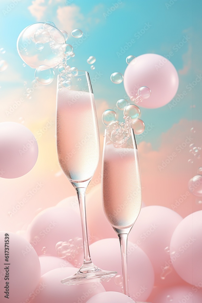 A pastel-hued summer party erupts with celebration as two glasses of effervescent champagne sparkle,