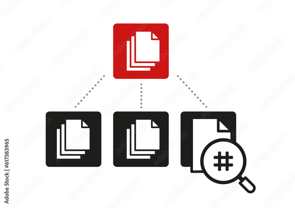 Vector illustration of document analysis and search icon with magnifying glass and hashtag on white 