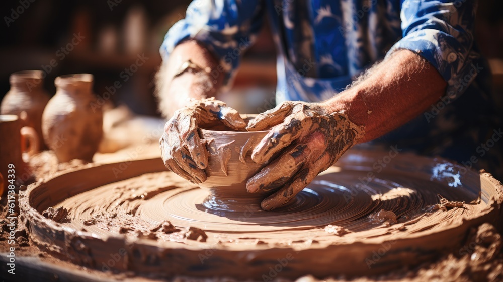 Hands of potter do a clay pot, Potters hands doing pottery.