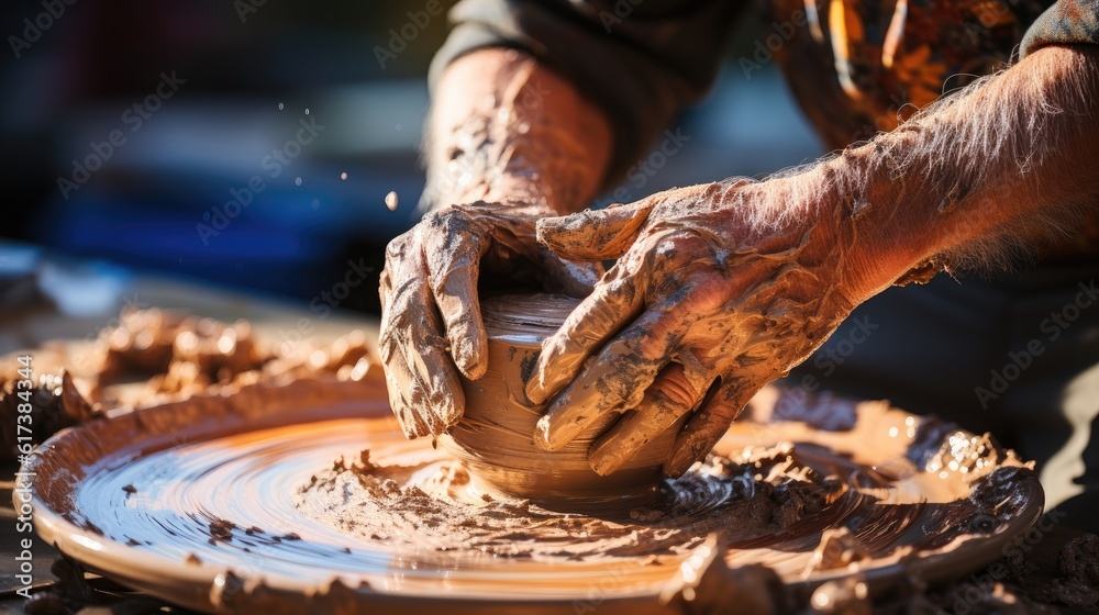 Hands of potter do a clay pot, Potters hands doing pottery.