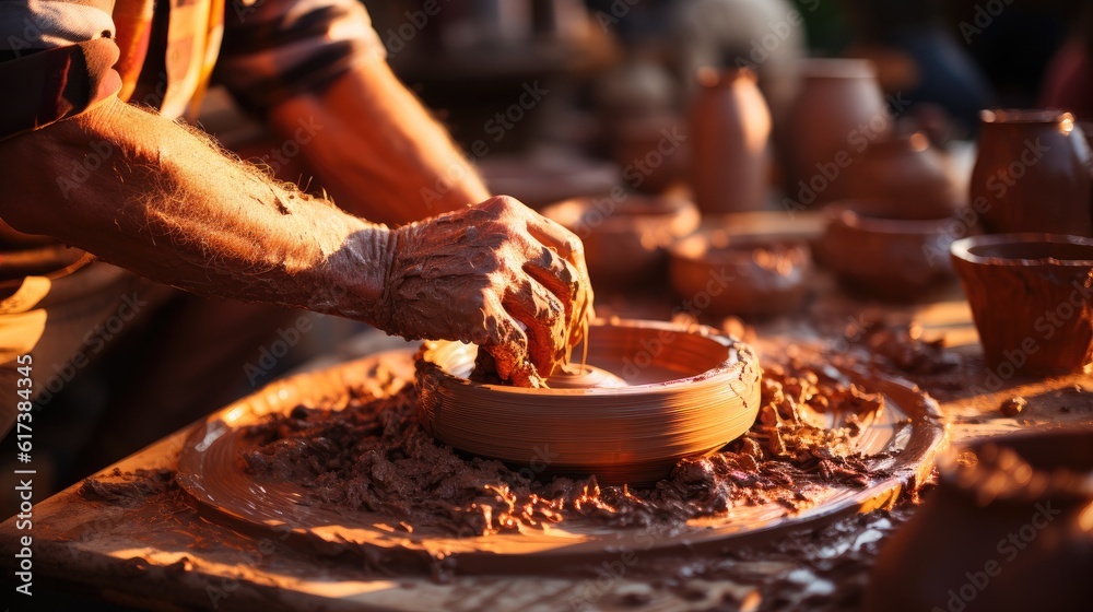 Hands of potter do a clay pot, Potters hands doing pottery.