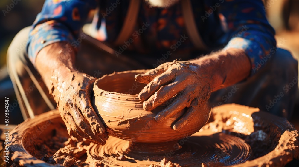 Hands of potter do a clay pot, Potters hands doing pottery.