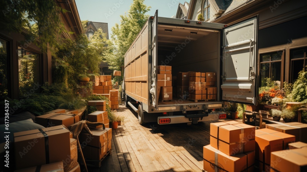 Transport Truck full of moving boxes and furniture, Moving to new house and family relocation concep