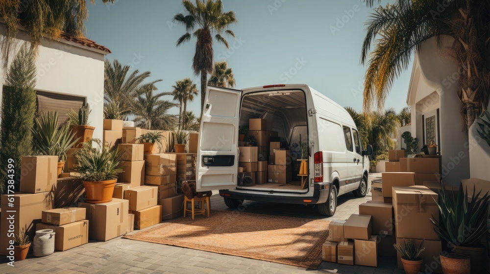 Transport Truck full of moving boxes and furniture, Moving to new house and family relocation concep