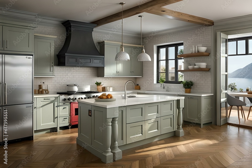 modern kitchen interior with fireplace