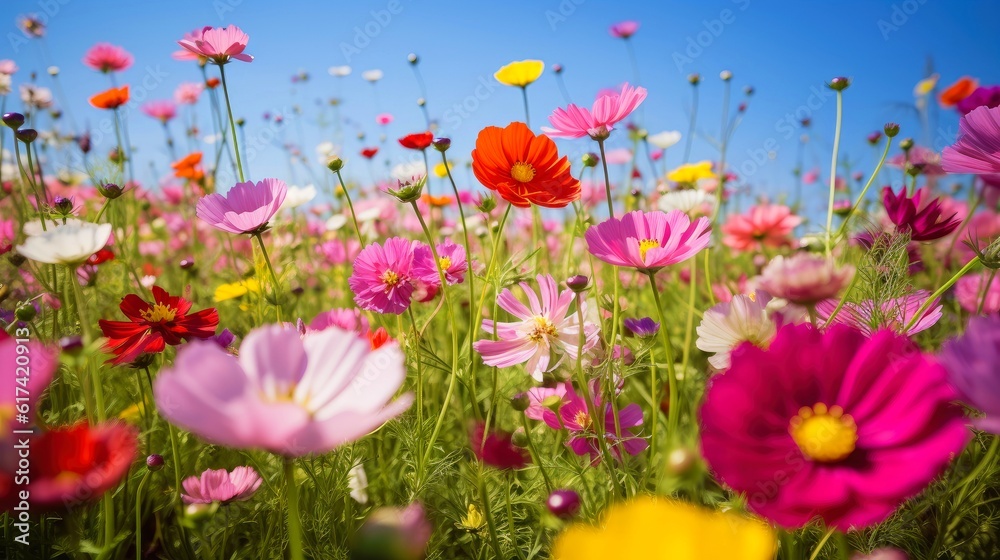 Nature floral background in early summer. Colorful natural spring landscape with with flowers, soft 