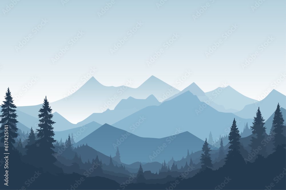 Silhouette of a mountain range with pine trees, nature vector landscape