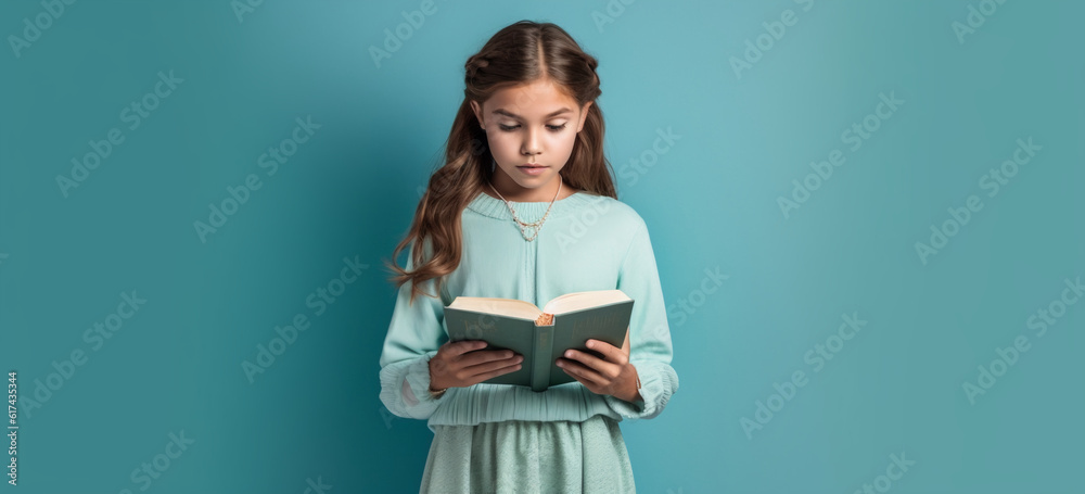 A little girl reading a book against solid color background. Back to school concept.    Image genera