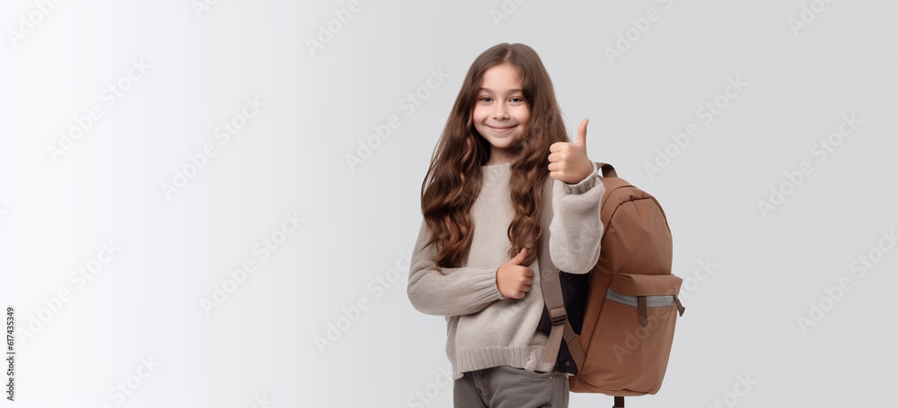 A little girl smiling in her way back to school with a bagpack .  Image generative AI.