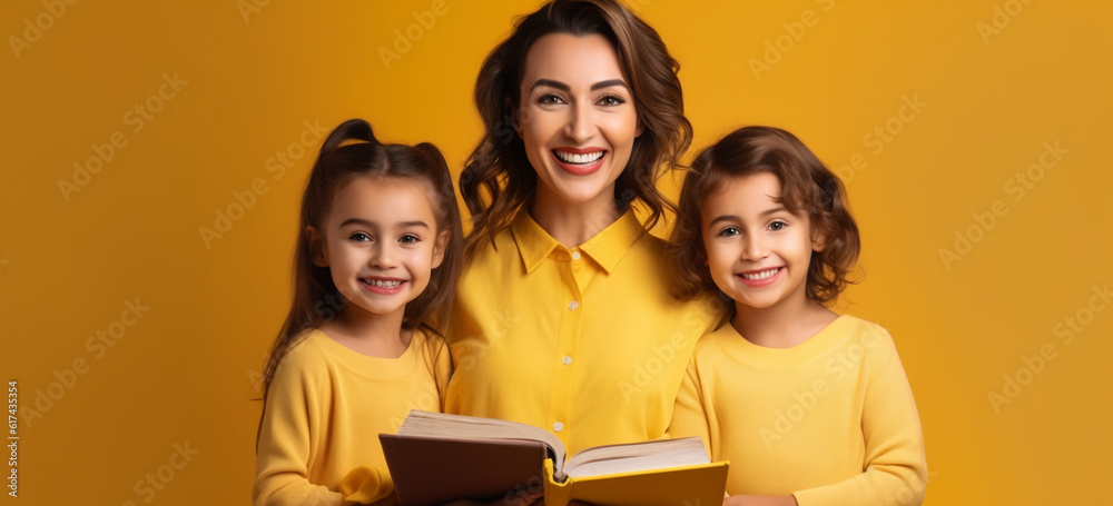 Mother and daughters reading a book. Image generative AI.