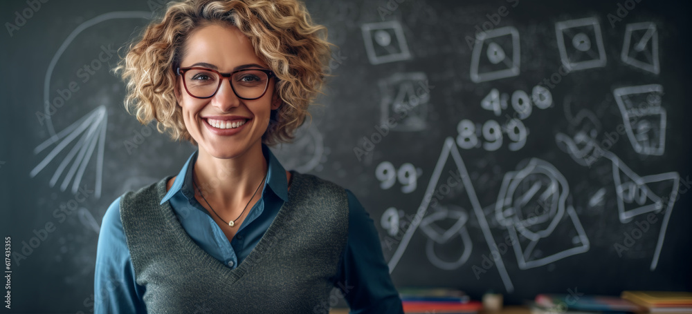 Smiling woman teacher in front of blackboard. Back to school concept.  Image generative AI.