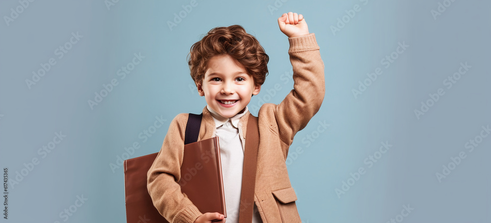 Little boy student with hands up in the air. Back to school concept.   Image generative AI.