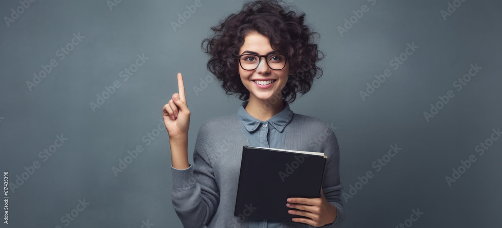 businesswoman pointing at space. teacher pointing at space. Universitary student pointing at empty s