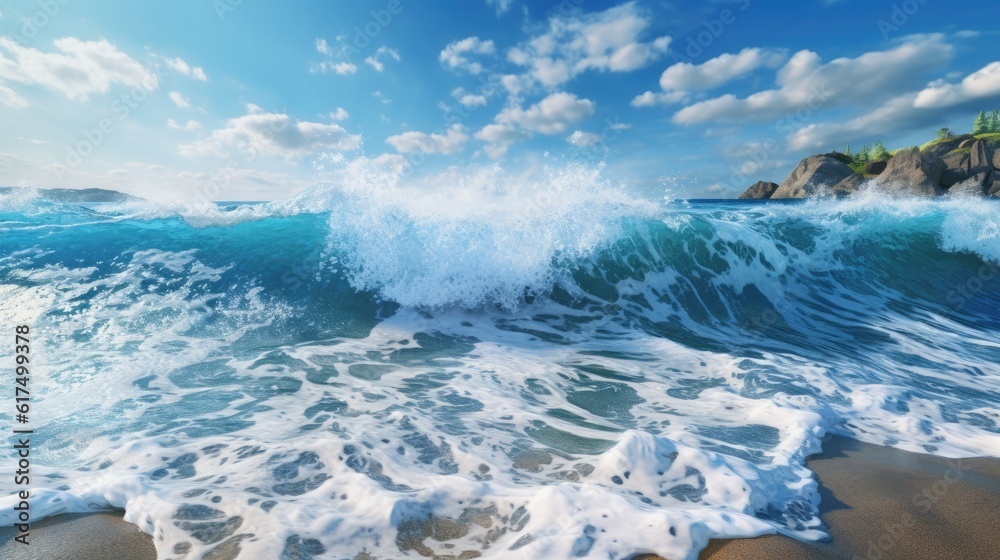 A big wave moves towards the rocky shore and crashes upon it