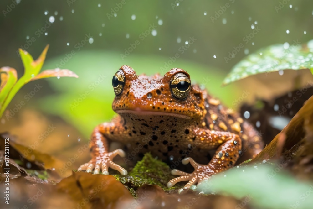 green frog perched on a bed of leaves. Generative AI