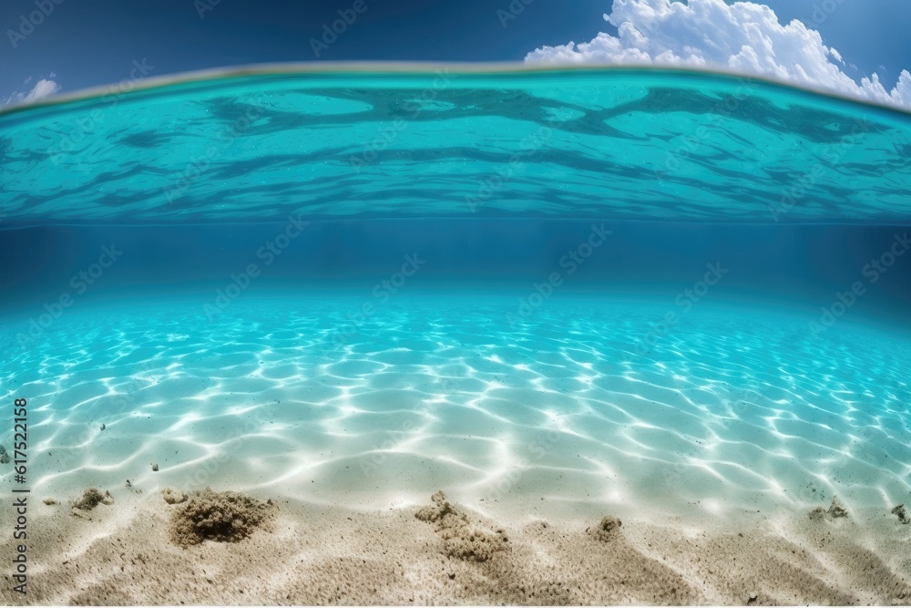 serene sandy beach with crystal clear blue water in an underwater view. Generative AI