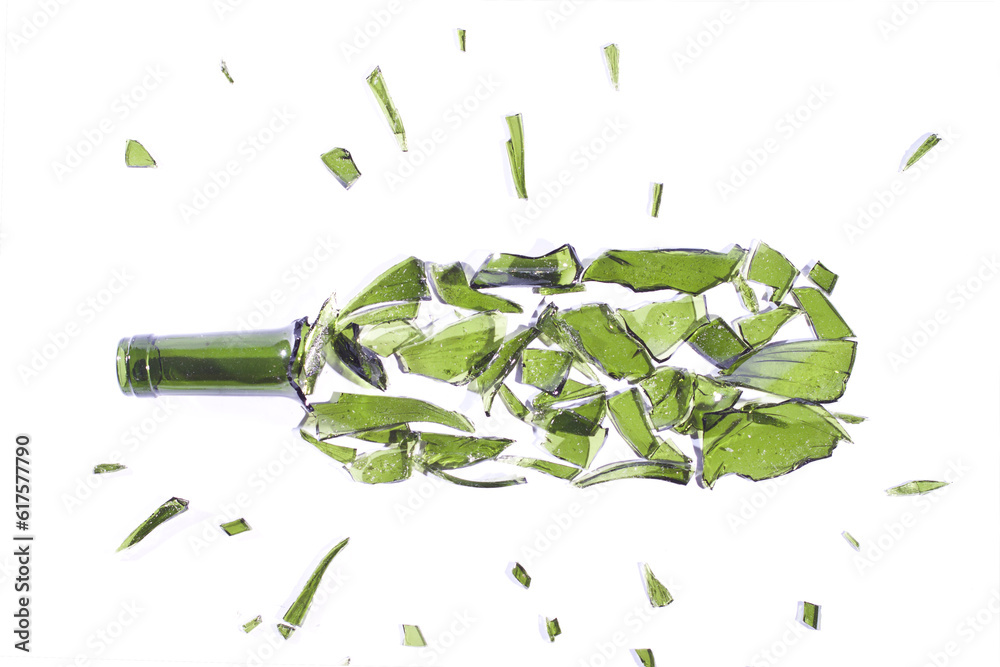 Broken beer bottles rooted on a white background