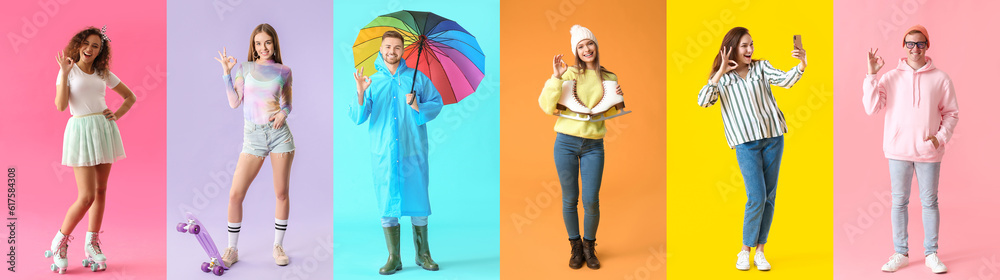 Set of young people showing OK gesture on color background