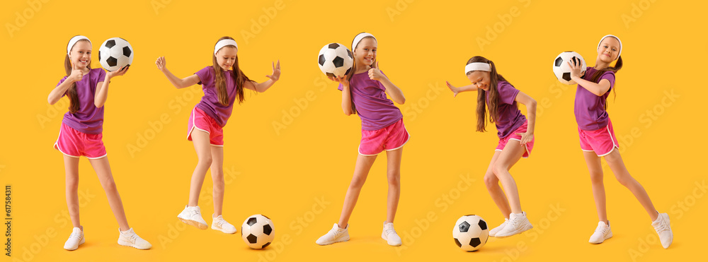 Sporty little girl with soccer ball showing thumb-up on yellow background