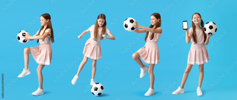 Little girl with soccer ball and mobile phone on blue background