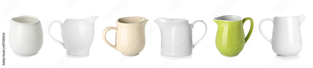 Collage of milk jugs on white background