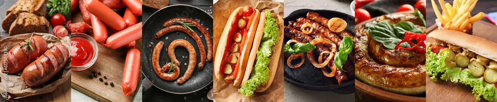 Set of tasty sausages on table, closeup