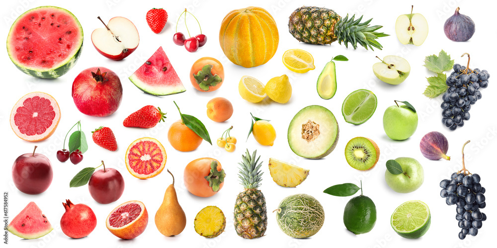 Collage of juicy fruits and berries on white background