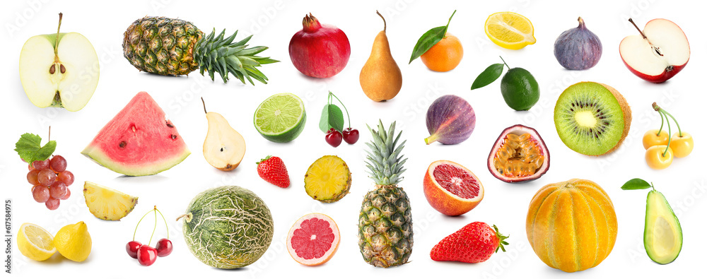 Collection of juicy fruits and berries on white background