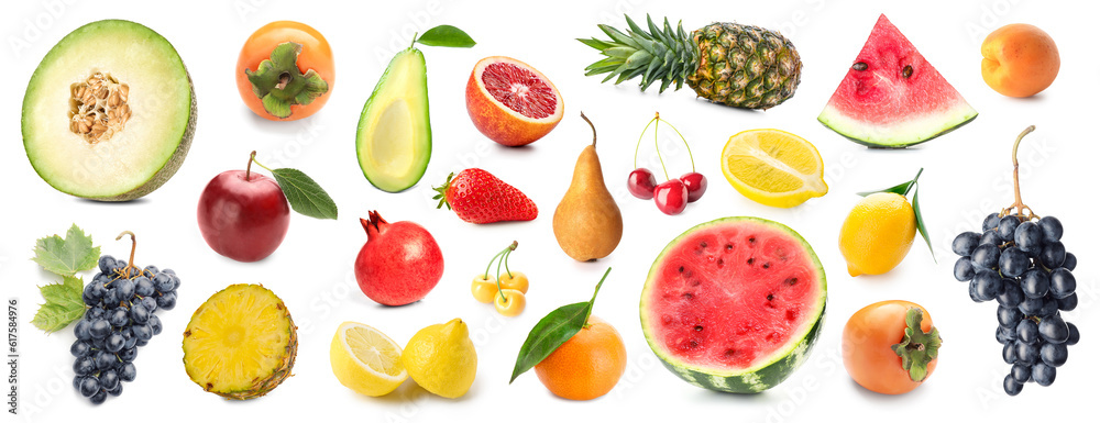 Set of juicy fruits and berries on white background