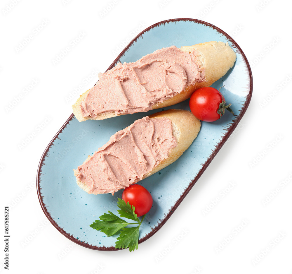 Plate of sandwiches with tasty pate on white background